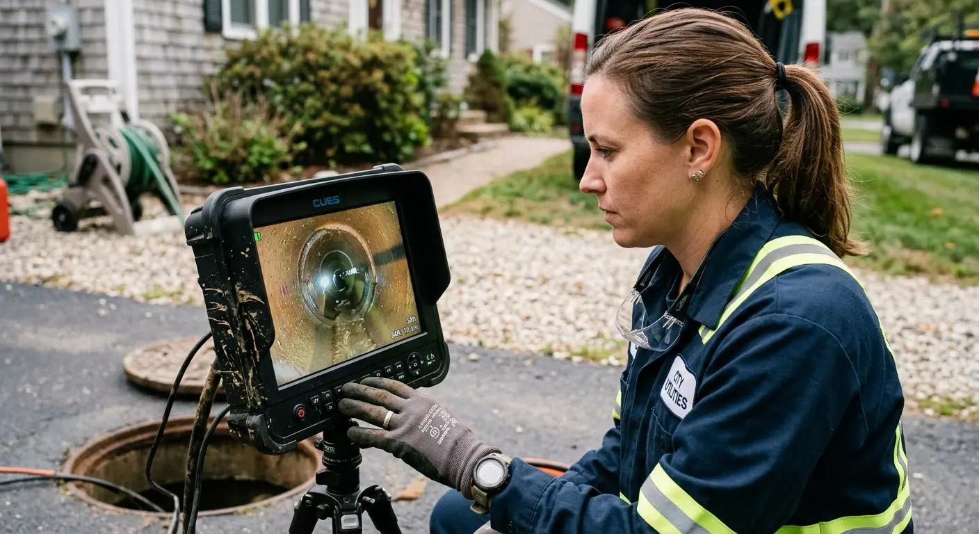 Technician reviewing sewer camera inspection footage in Iowa Colony