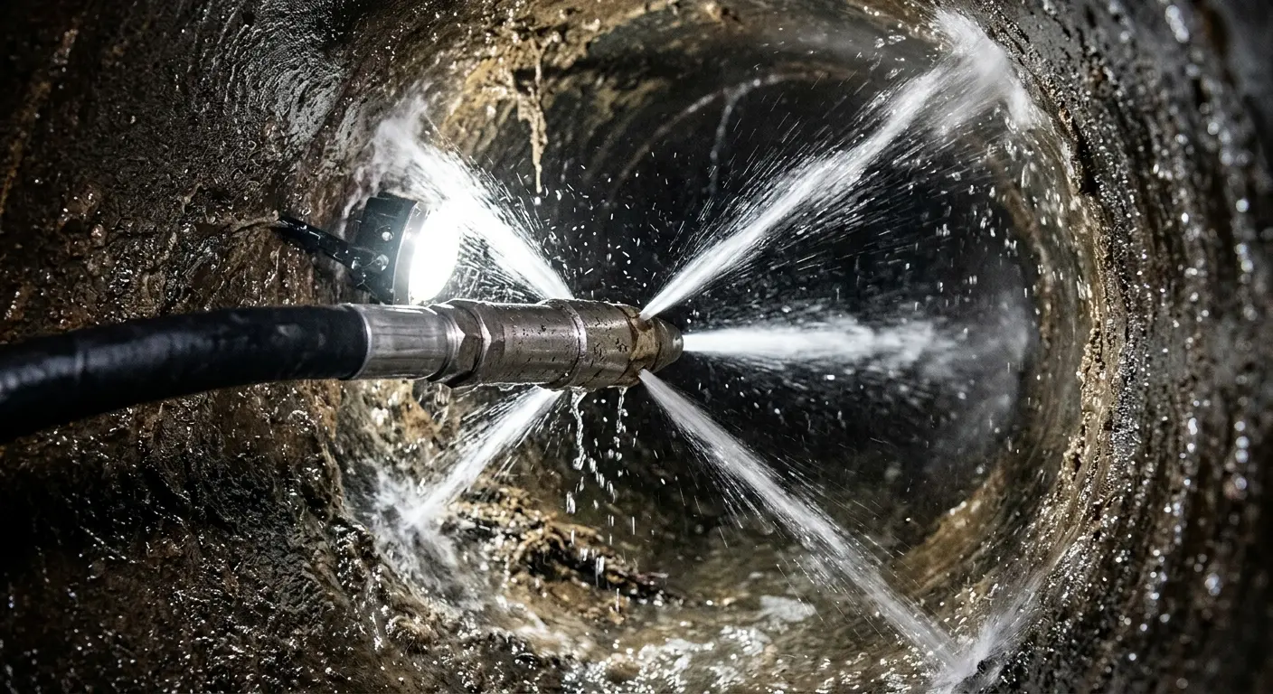 High-pressure hydro jetting nozzle cleaning sewer pipe for Storm Drain Cleaning in Iowa Colony