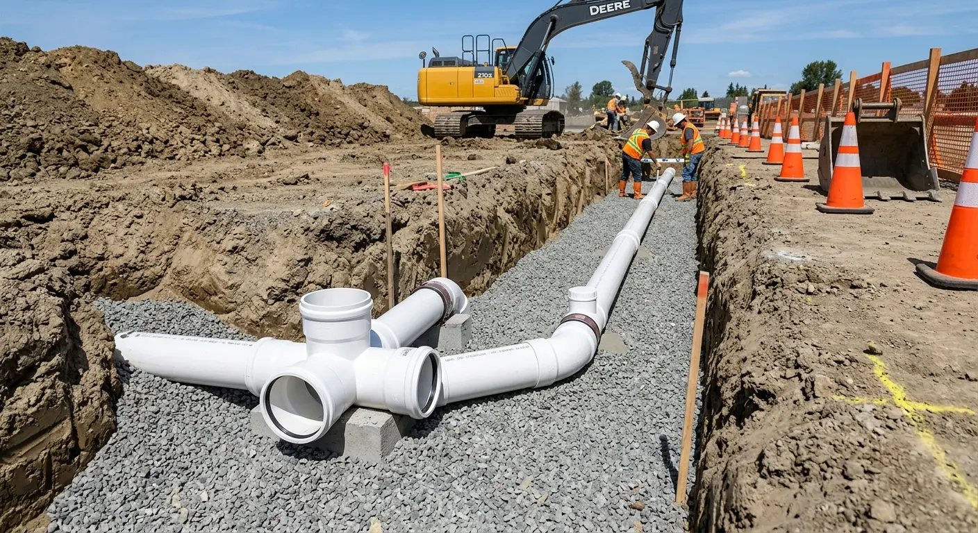 New PVC sewer pipe installation in open trench for Grease Trap Cleaning in Iowa Colony