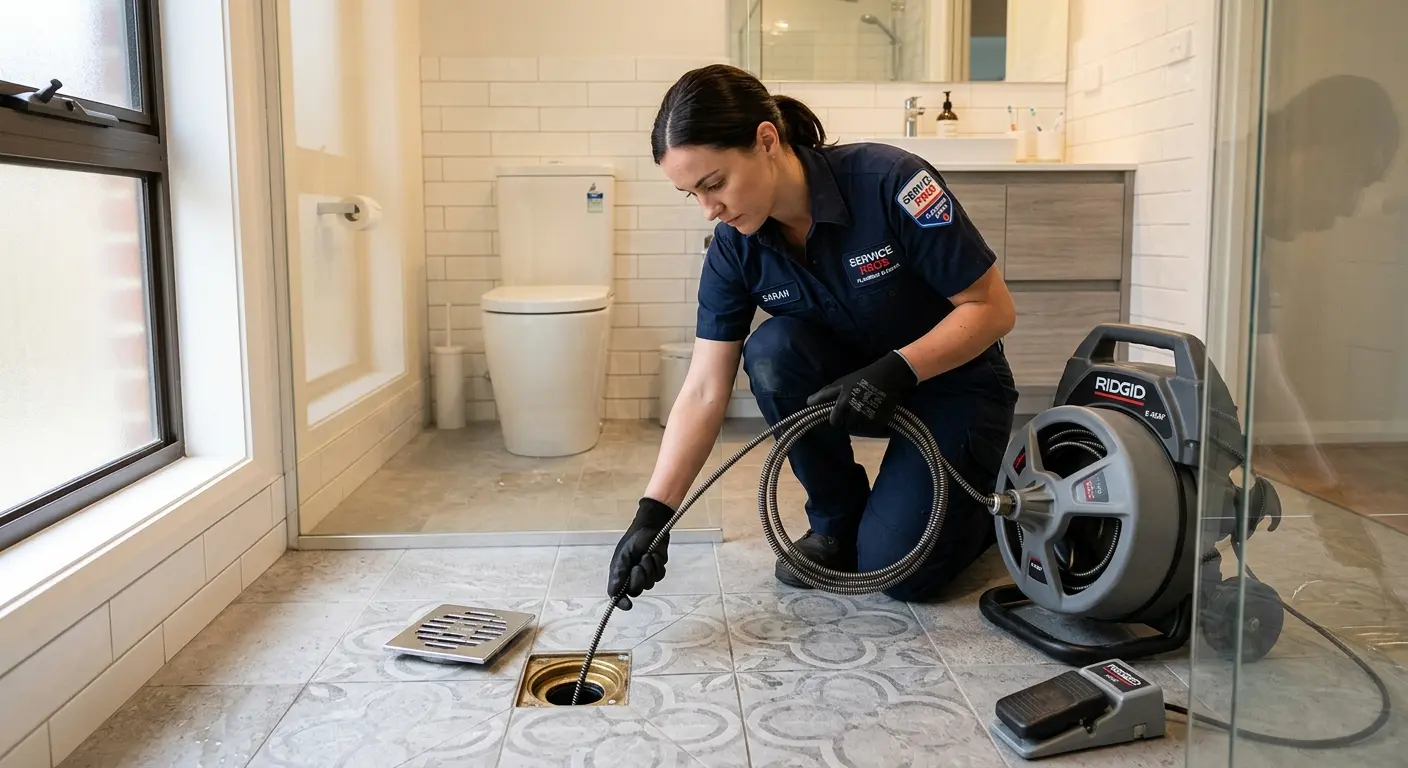 Technician clearing a bathroom floor drain for Sewer Line Installation in Iowa Colony